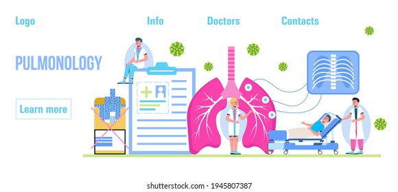 Pulmonologist concept vector for the landing page, header, blog. Scene of pulmonary fibrosis, tuberculosis, pneumonia, lung diagnosis x-ray machine, tiny doctors treat, scan lungs.
