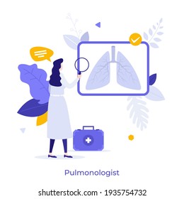 Pulmonologist, doctor or physician looking at chest radiograph or X-ray through magnifying glass. Concept of pulmonology, pneumology or respiratory medicine. Modern flat colorful vector illustration.