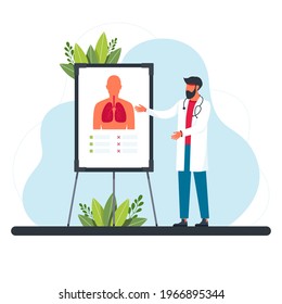 Pulmonologist examines the lungs. The concept of pulmonology, a healthy respiratory system. Medical specialist giving information about lungs. Physician, lecture, respiration flat vector illustration