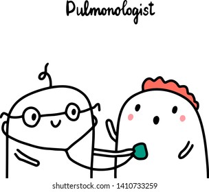 Pulmonologist hand drawn vector illustration in cartoon style. Doctor listening patient
