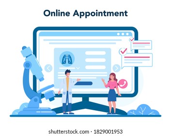 Pulmonologist online service or platform. Idea of health and medical treatment. Healthy pulmonary system. Online appointment. Isolated vector illustration
