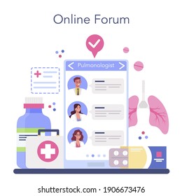 Pulmonologist online service or platform. Idea of health and medical treatment. Healthy pulmonary system. Online forum. Isolated vector illustration