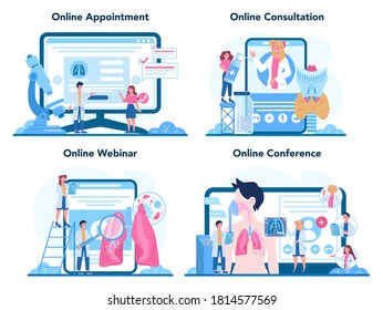 Pulmonologist online service or platform set. Idea of health and medical treatment. Healthy pulmonary system. Online appointment, consultation, webinar, conference. Isolated vector illustration