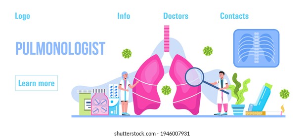 Pulmonóloga, vector de concepto fisiólogo para la página de aterrizaje, blog. Escena de fibrosis pulmonar, tuberculosis, neumonía, máquina de rayos X para diagnóstico pulmonar, tratamiento de médicos diminutos, pulmones escaneados.