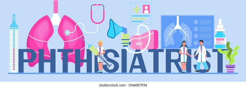 Pulmonologist, phthisiologist concept vector for the landing page, blog. Inhaler, nebulizer are shown.Scene of pulmonary fibrosis, tuberculosis, pneumonia, lung diagnosis x-ray machine.
