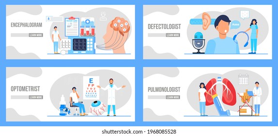 Pulmonologist, Phthisiologist Concept Vector For The Landing Page, Blog. Speech Therapy Work. Medical Ophthalmologist Eyesight Check Up. Conjunctivitis, EKG, Brain Stroke Concept.