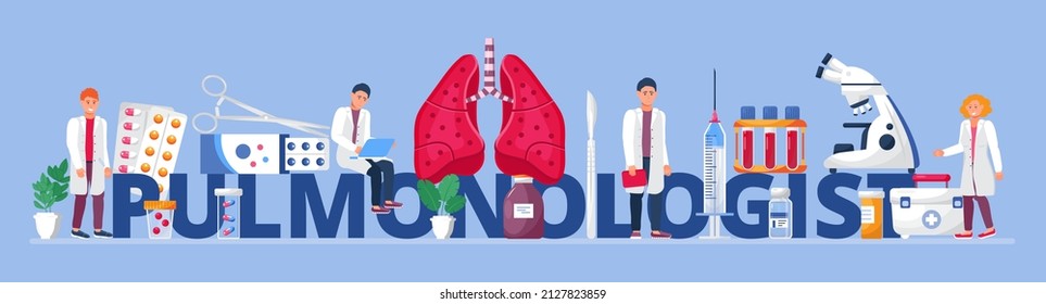 Pulmonólogo, vector de concepto fisiólogo para la página de aterrizaje, cabecera. Escena de fibrosis pulmonar, tuberculosis, neumonía, máquina de rayos X para diagnóstico pulmonar, tratamiento de médicos diminutos, pulmones escaneados.
