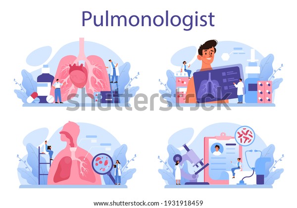 Pulmonologist set. Idea of health and medical treatment. Healthy pulmonary system. Asthma, pneumothorax treatment and diagnostic. Isolated vector illustration