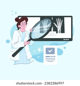 A pulmonologist in uniform looks at an x-ray image of a man's hands. Pulmonary examination material analysis of medical fluorography results. Vector illustration