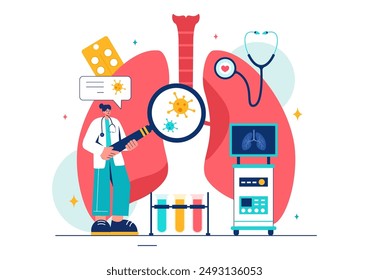 Ilustración vectorial neumonóloga con el médico de la neumonología, pulmones, examen del sistema respiratorio, y tratamiento en fondo plano de la historieta