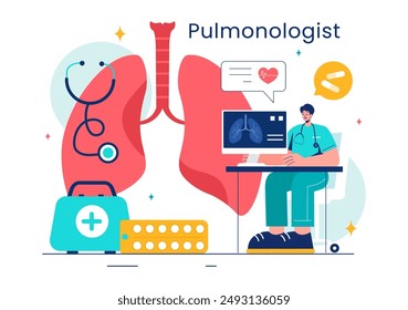 Pulmonologist Vector Illustration with Pulmonology Doctor, Lungs, Respiratory System Examination, and Treatment in Flat Style Cartoon Background