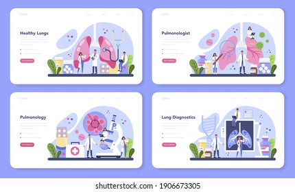 Pulmonologist web banner or landing page set. Idea of health and medical treatment. Healthy pulmonary system. Asthma, pneumonia treatment and diagnostic. Isolated vector illustration