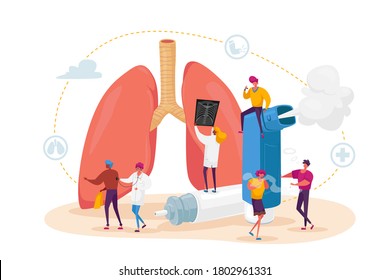 Pulmonology and Asthma Disease Concept. Tiny Characters at Huge Lungs and Inhaler, Respiratory System Examination and Treatment. Internal Organ Inspection Check. Cartoon People Vector Illustration