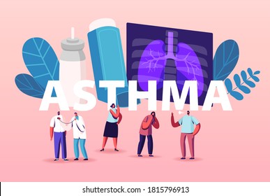 Concepto de pulmonología y enfermedad de asma. Pequeños personajes en los pulmones y los inhaladores, el examen y tratamiento del sistema respiratorio o el chequeo. Afiche de pancarta. Ilustración de vectores de personas de caricatura