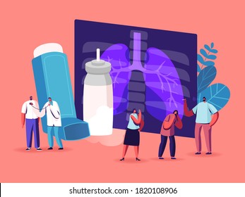 Pulmonology, Asthma Disease Concept. Tiny Characters at Huge Lungs Xray and Inhaler, Respiratory System Examination and Treatment. Internal Organ Inspection Checkup. Cartoon People Vector Illustration