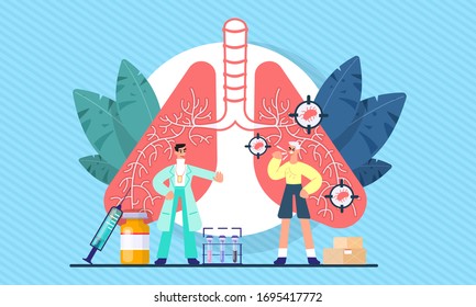 Concepto de pulmonología. Caricatura diminuta concepto de personal sanitario de pulmones. Comprobación y tratamiento de la inspección interna del sistema respiratorio. Enfermedad o problemas de órganos pulmonares. Vector de plantilla de página de destino