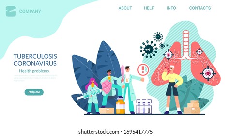 Pulmonology concept. Cartoon tiny lungs healthcare persons concept. Internal respiratory system examination inspection check and treatment. Lung organ disease or problems. Landing page template Vector