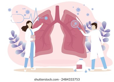 Concepto de neumonología. El doctor revisó sus pulmones y encontró partículas de coronavirus. Tuberculosis, neumonía, tratamiento del cáncer de pulmón o diagnóstico. Concepto médico.
Ilustración vectorial.