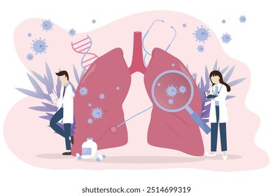 Pulmonology concept. The doctor checked his lungs and found coronavirus particle. Tuberculosis, pneumonia, lung cancer treatment or diagnostic. Medical concept. Vector illustration.	