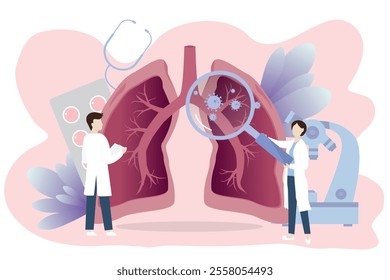 Pulmonology concept. The doctor checked his lungs and found coronavirus particle. Tuberculosis, pneumonia, lung cancer treatment or diagnostic. Medical concept. Vector illustration.	