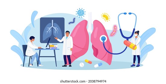 Pulmonology concept. Group of Doctors Check Up Lungs Affected by Coronavirus. Doctor Exam Respiratory System, Treat Lung Disease. Fibrosis, Tuberculosis, Pneumonia, Cancer. Vector Illustration