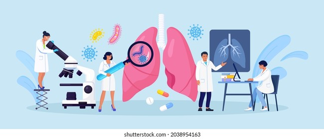 Pulmonology Concept. Group Of Doctors Check Up Lungs Affected By Coronavirus. Doctor Exam Respiratory System, Treat Lung Disease. Fibrosis, Tuberculosis, Pneumonia, Cancer. Vector Illustration