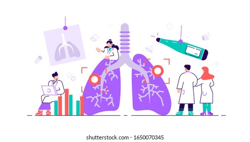 Pulmonology concept. Lungs healthcare persons. Internal organ inspection check for illness, disease or problems. Abstract respiratory system examination and treatment. Flat tiny vector illustration