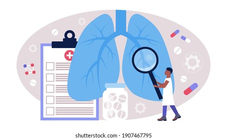 Pulmonology concept. Young man inspects the lungs. Colorful flat vector illustration