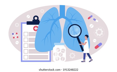 Pulmonology concept. Young man inspects the lungs. Colorful flat vector illustration