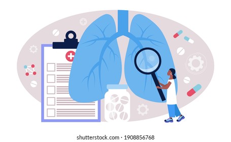 Pulmonology concept. Young woman inspects the lungs. Colorful flat vector illustration