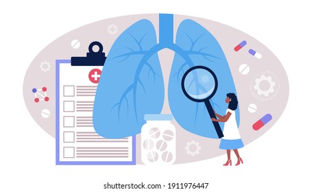 Pulmonology concept. Young woman inspects the lungs. Colorful flat vector illustration