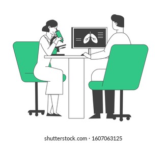 Pulmonology Doctors Checking Lungs Watching to Microscope and Learning X-rays Image on Computer Screen. Fibrosis Tuberculosis Pneumonia Cance, Lung Diagnosis. Flat Vector Illustration, Line Art