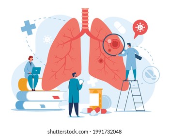 Pulmonology. Doctors examining lungs. Tuberculosis, pneumonia, lung cancer treatment or diagnostic. Lungs healthcare vector concept. Examining human organ, clinic diagnostic or check