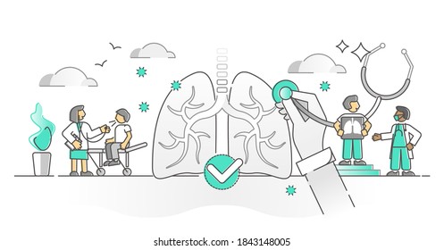 Pulmonology lungs and respiratory air breathing monocolor outline concept. Health check for bronchi, alveoli and trachea as medical inspection vector illustration. Disease and illness diagnosis scene