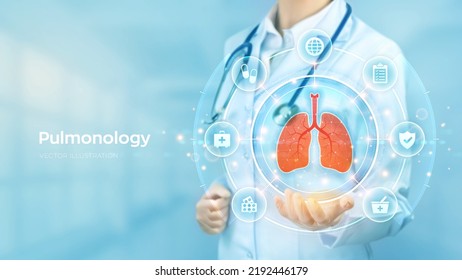 Concepto de medicina pulmonológica. Examen y tratamiento del sistema respiratorio. Doctor sosteniendo en mano el holograma de pulmones y la conexión de red de iconos médicos en pantalla virtual. Ilustración vectorial.