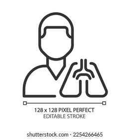 Pulmonology pixel perfect linear icon. Lungs diseases treatment and prevention. Pulmonologist. Medical clinic service. Thin line illustration. Contour symbol. Vector outline drawing. Editable stroke