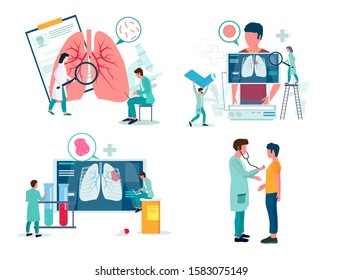 Pulmonology or respiratory medicine icon set, vector illustration isolated on white background. Doctors examining patients suffering from tuberculosis, lung cancer, asthma diseases. Lungs healthcare.
