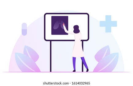 Pulmonology Specialist, Professional Doctor Stand At Laboratory Equipment Board With Image Of Lungs Xray Learning Patient Fluorography. Medical Staff Work In Hospital. Cartoon Flat Vector Illustration