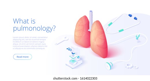 Pulmonology theme image with doctor analyzing lungs on monitor. Pulmonary function test illustration in isometric vector design. Respiratory medical diagnostics. Web banner layout template.