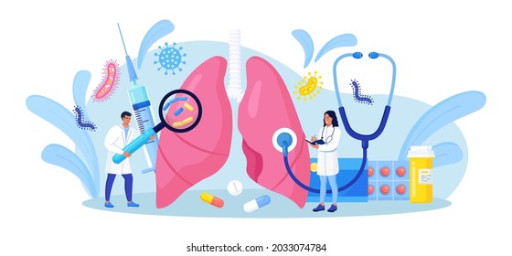 Pulmonology. Tiny doctors examining lungs. Tuberculosis, pneumonia, lung cancer treatment or diagnostic. Internal organ inspection for respiratory system illness, disease or problems. Vector design