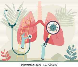 Pulmonology vector illustration. Doctor listens to the lungs. Diagnosis and research of coronavirus.Abstract respiratory system examination and treatment. Internal organ inspection check for illness.