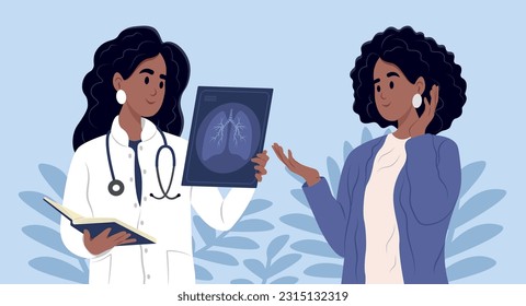 Ilustración vectorial de pulmonología. Médico y paciente. Tratamiento de órganos respiratorios. Examen diferencial. Tratamiento de órganos respiratorios.