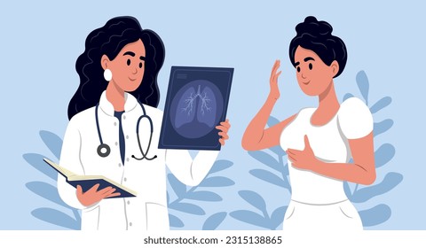 Ilustración vectorial de pulmonología. Médico y paciente. Tratamiento de órganos respiratorios. Enfermedad pulmonar obstructiva crónica, EPOC, alergia respiratoria, enfermedades pulmonares ocupacionales,