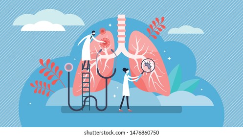 Ilustración vectorial de pulmonología. Concepto de personas sanitarias de pulmones planos. Examen y tratamiento abstracto del sistema respiratorio. Revisión interna de órganos para detectar enfermedades, enfermedades o problemas.