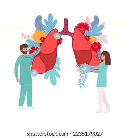 Pulmonology vector illustration. Flat tiny lungs healthcare persons concept. Abstract respiratory system examination and treatment. Internal organ inspection check for illness. landing page,