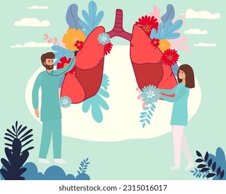 Pulmonology vector illustration. Flat tiny lungs healthcare persons concept. Abstract respiratory system examination and treatment. Internal organ inspection check for illness. landing page.