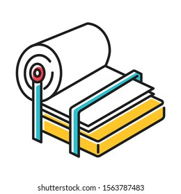 Pulp and paper industry color icon. Canvas production. Blank sheet on press. Professional conveyor, facility machinery. Page, fibre. Papermaking. Technical maintenance. Isolated vector illustration
