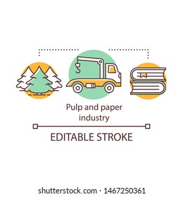 Pulp and paper industry concept icon. Wood processing. Cellulose-based products produce. Forest, timber, books idea thin line illustration. Vector isolated outline drawing. Editable stroke