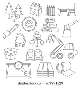 Pulp, paper and wood products icon set. Thin line design isolated on white. Create your industrial infographics collection. Vector illustration