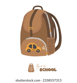 Pulpil backpack vector in brown. School backpack flat vector in cartoon style. School bag vector illustration. School and education concept. Back to school theme. stationery.